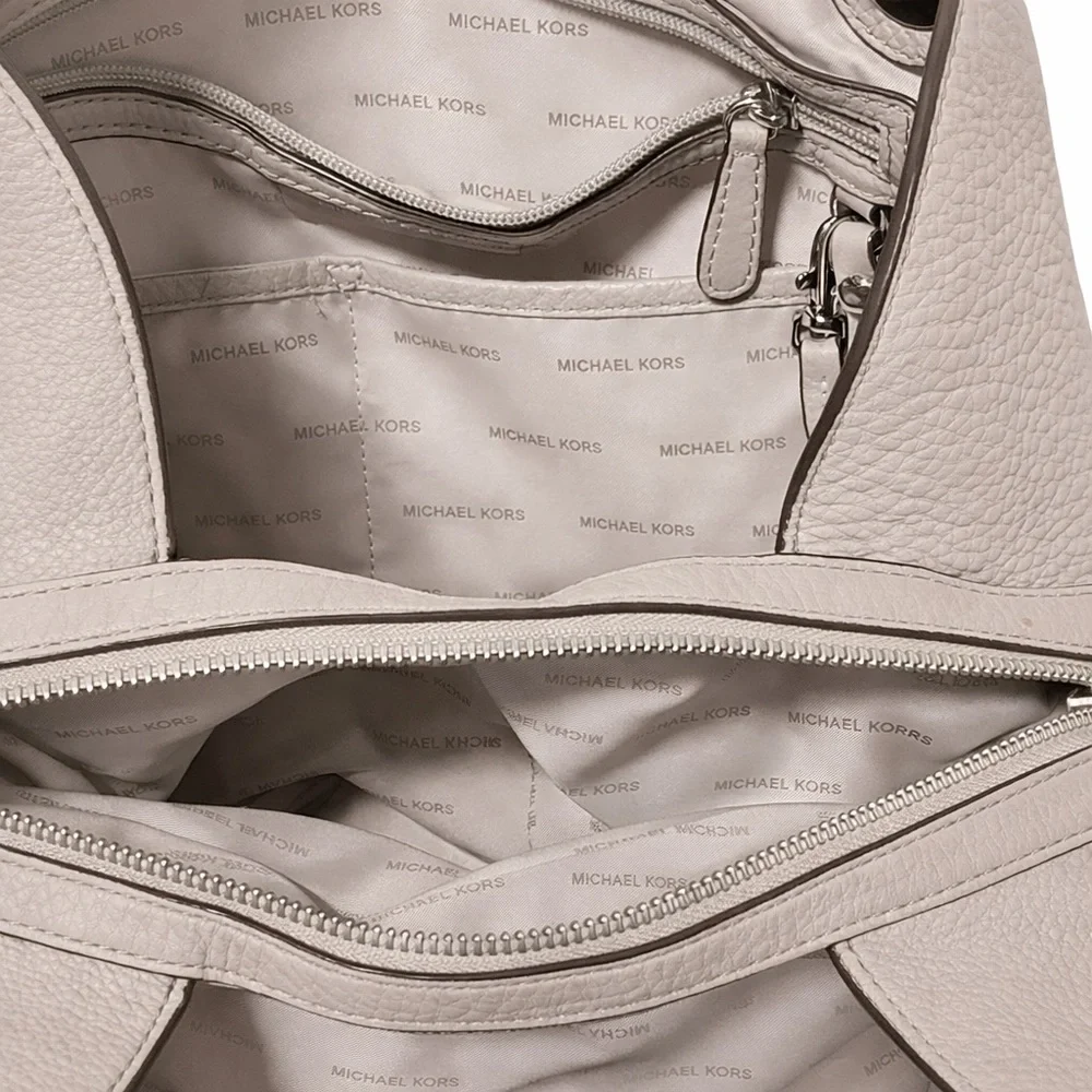 Michael Kors Raven Large Pebbled Leather Shoulder Bag Taupe Silver Hardware